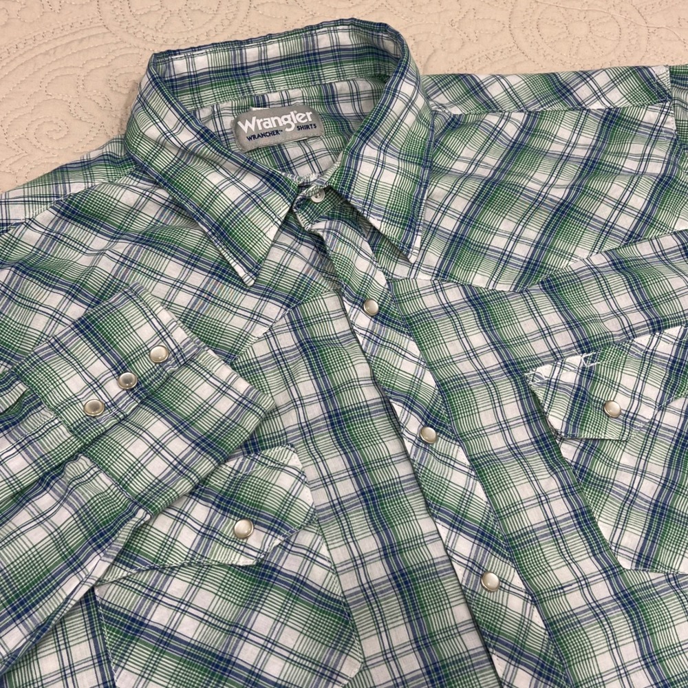 Wrangler Wrancher Shirts Mens XLT Green‎ Blue Plaid Western Snap Button Up